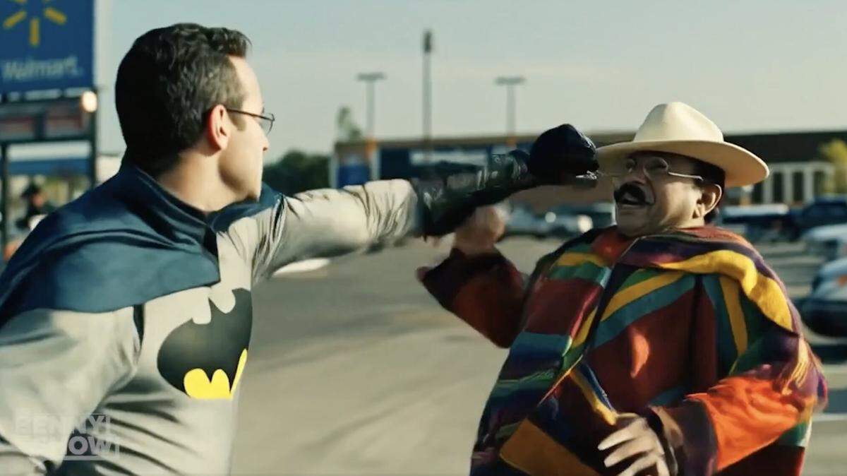 MAGA podcaster Benny Johnson posted a video of him dressed as Batman beating up people wearing sombreros, mustaches and zarapes.