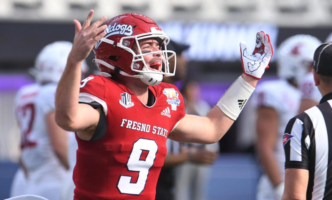 Fresno State quarterback Jake Haener celebrates Zane Pope’s touchdown at the Jimmy Kimmel LA Bowl against Washington State Saturday, Dec. 17, 2022 in Inglewood, CA.