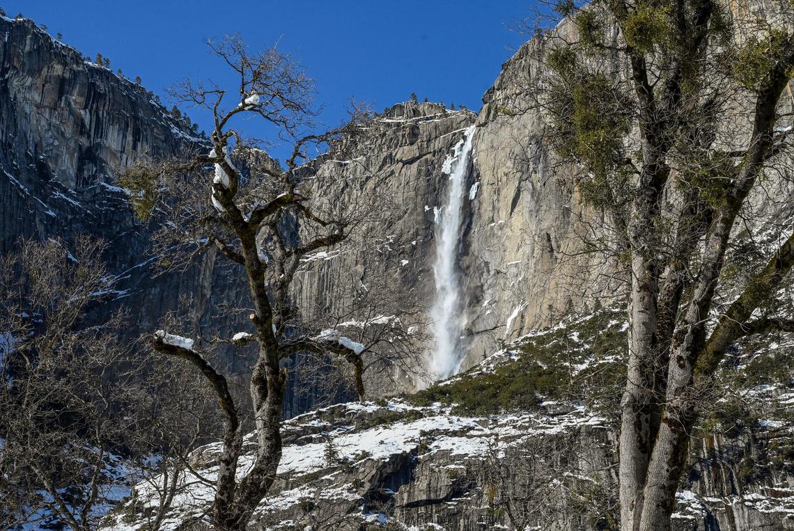 Upper Yosemite Fall gushes with winter runoff in a park void of the usual visitors since closing due to heavy snow in Yosemite Valley.