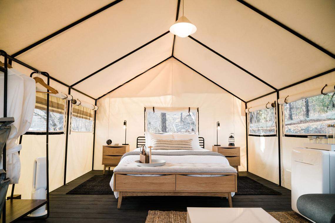 A luxury tent available for rent at AutoCamp Yosemite in Midpines, near Yosemite National Park.
