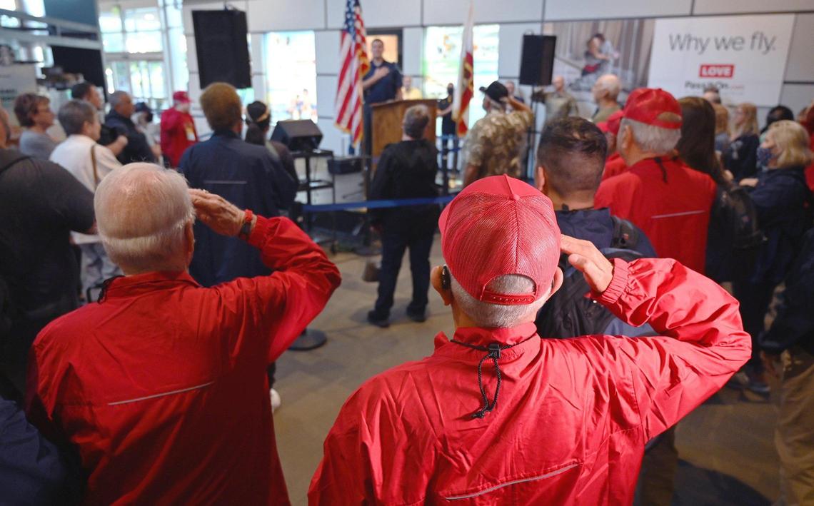 Sixty-three veterans prepare to board their flight for the Central Valley Honor Flight #21 as they are honored Monday morning, May 16, 2022 at Fresno Yosemite International Airport.