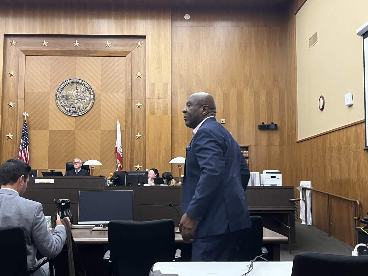 Terance Frazier, president of the nonprofit Central Valley Community Sports Foundation, appears in a Fresno court on June 12, 2026. Judge Jonathan Skiles, background, ruled he has to turn over the Granite Park Sports Complex back to the city.
