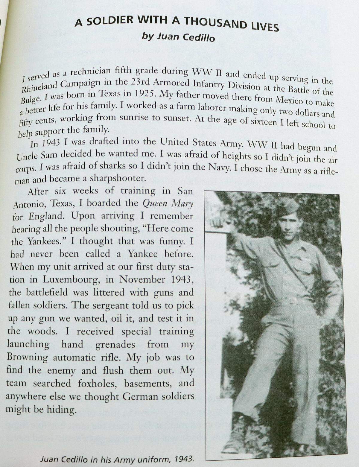El veterano de la Segunda Guerra Mundial Juan Cedillo, fallecido en 2015, escribió sobre su experiencia con el Ejército de EEUU durante la Batalla de las Ardenas.