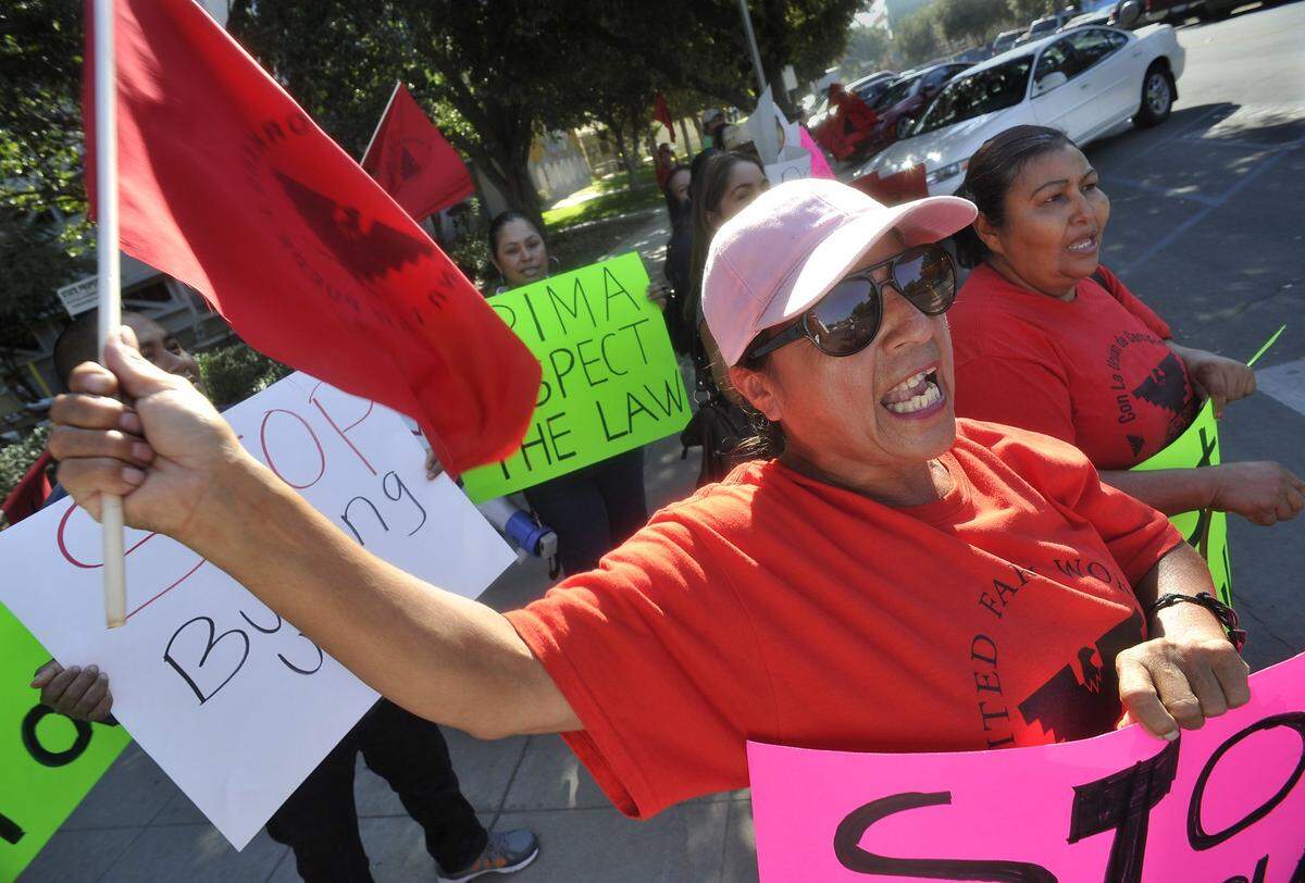 Lourdes Cardenas is shown waving a UFW flag with other demonstrators in front of the state building in 2017.