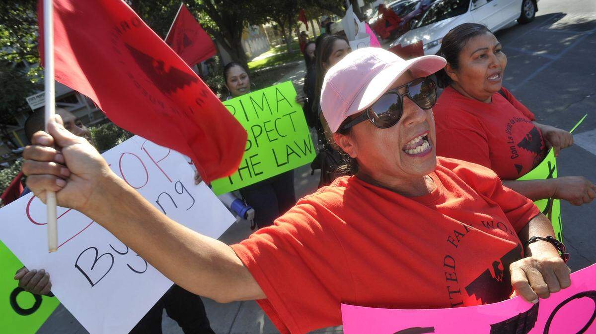 Lourdes Cardenas is shown waving a UFW flag with other demonstrators in front of the state building in 2017.
