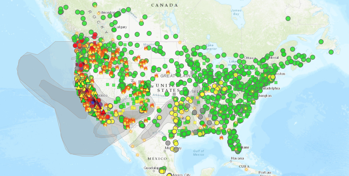Californians suffered the worst air quality in the nation Sept. 8, 2020 as wildfires burned across the west, contributing to dangerously high levels of particulate matter in the air, as shown here in a screenshot of a fire and smoke map by the United States Environmental Protection Agency at airnow.gov.