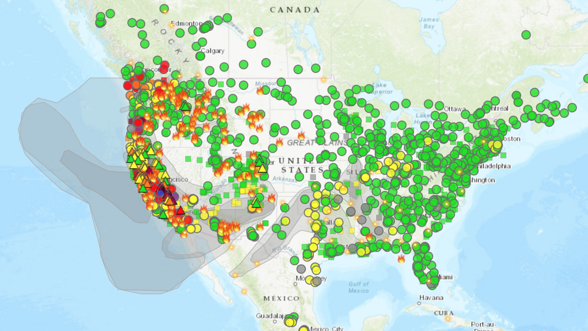 Californians suffered the worst air quality in the nation Sept. 8, 2020 as wildfires burned across the west, contributing to dangerously high levels of particulate matter in the air, as shown here in a screenshot of a fire and smoke map by the United States Environmental Protection Agency at airnow.gov.