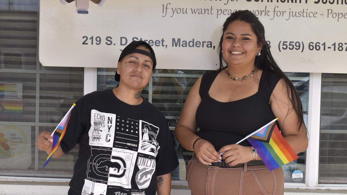 Brenda Barriga, 35, left, and Jazmin Guzman, right, pose outside of the Madera Coalition for Community Justice center Tuesday, June 18, 2024. The center now offers an LGBTQ+ support group.