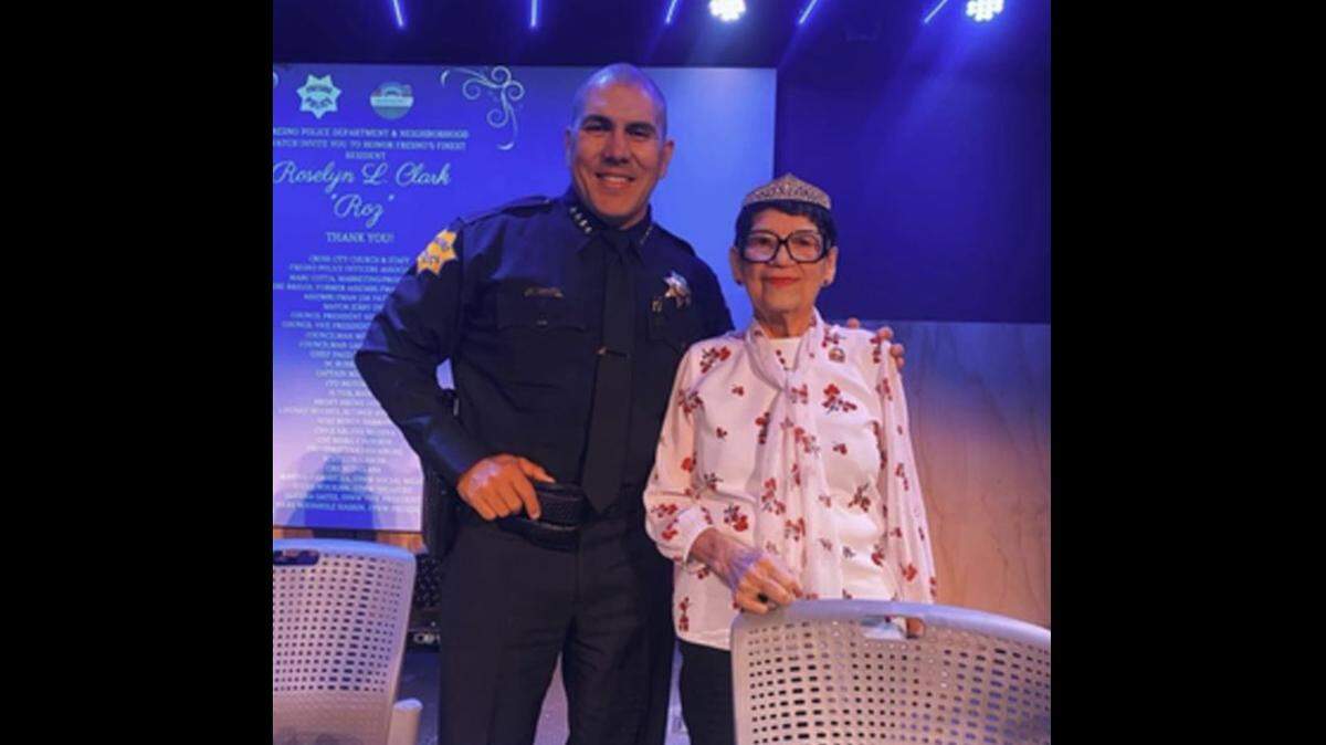 Fresno Police Chief Paco Balderrama with Roselyn “Roz” Clark, who is credited with donating countless hours of her time in the interests of making Fresno safer.