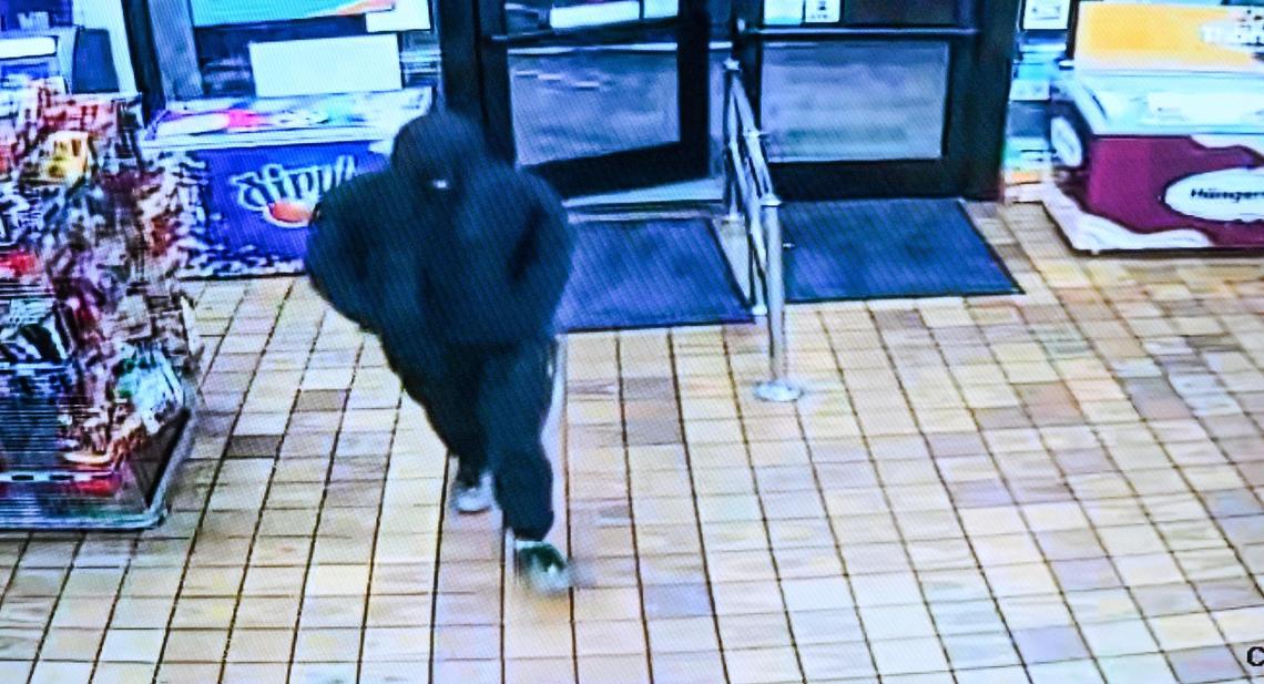 Surveillance video shows the suspect in the murder of Caleb Quick entering the Shop N Go in Clovis before sitting down in the adjacent McDonald’s restaurant on April 23, 2025.