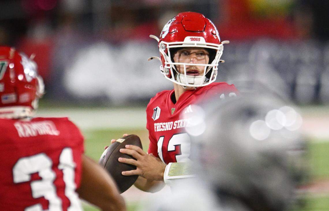 Fresno State quarterback E.J. Warner looks to pass against Nevada in the first half Saturday, Oct. 4, 2025 in Fresno.