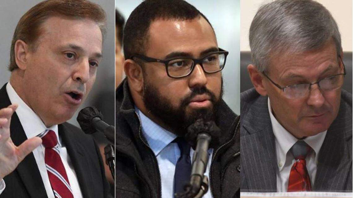 Fresno City Councilmember Garry Bredefeld, left, Fresno City Council President Nelson Esparza, center, and former Fresno City Attorney Douglas Sloan, right, are shown in undated Bee file photos.