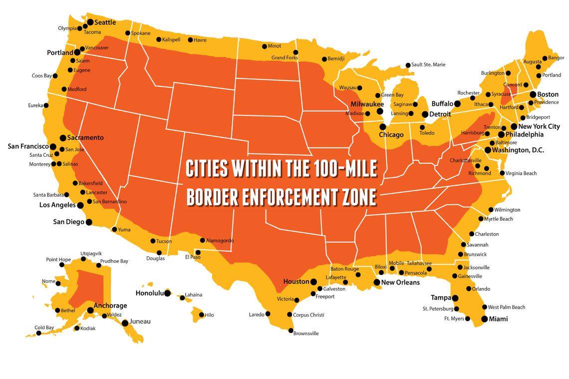 Southern Border Communities Coalition map of 100-mile border enforcement zone.