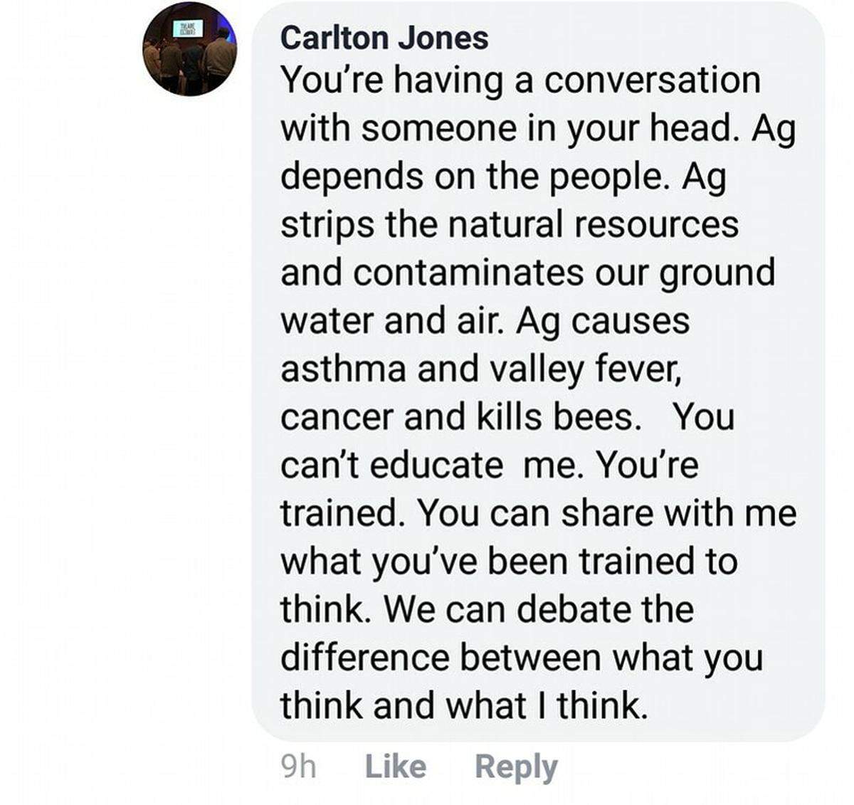 The Facebook message sent by Tulare Mayor Carlton Jones.