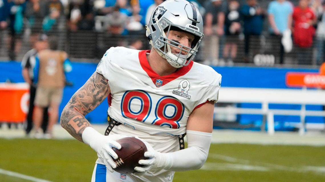 AFC defensive end Maxx Crosby of the Las Vegas Raiders warms up before the Pro Bowl against the NFC, Sunday, Feb. 6, 2022, in Las Vegas.