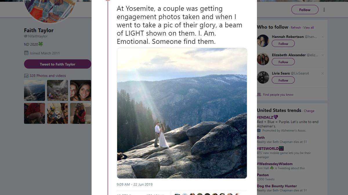 This engagement photo taken in Yosemite National Park, posted on Twitter by user Faith Taylor @16faithtaylor, has been shared thousands of times since it was posted online June 22, 2019.