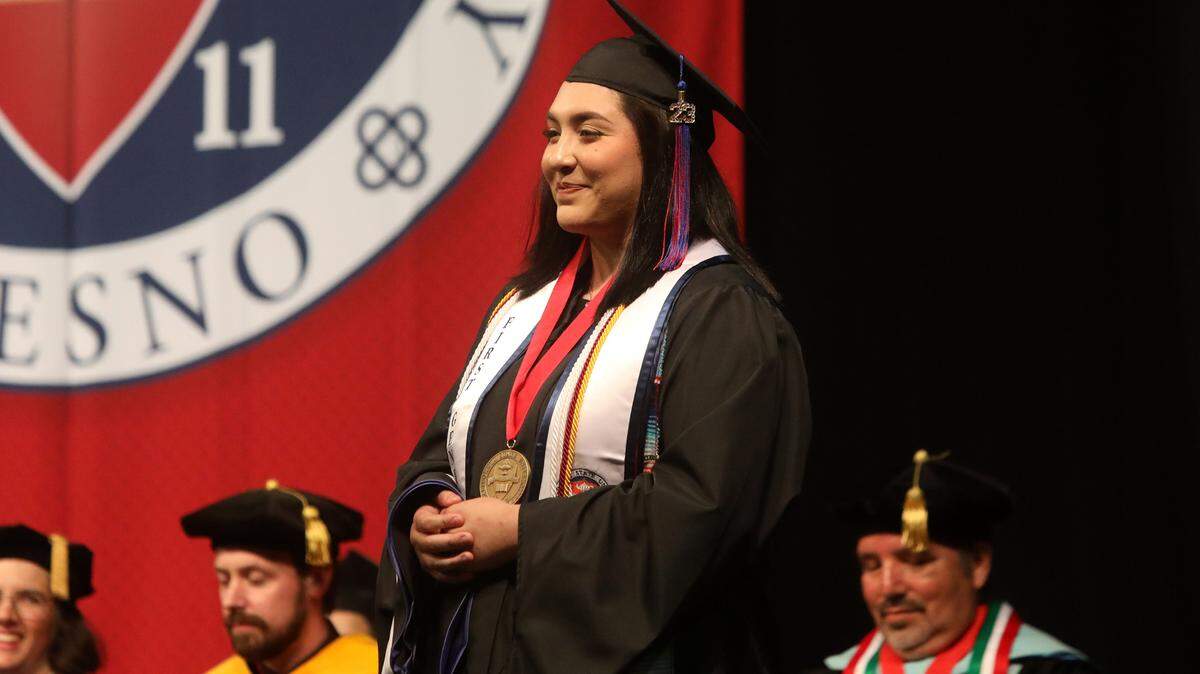 Samantha Patricia Navarro, who earned her master’s in psychology, was the dean’s graduate medalist from the Fresno State College of Science and Mathematics at its May 19, 2023 commencement at the Save Mart Center.