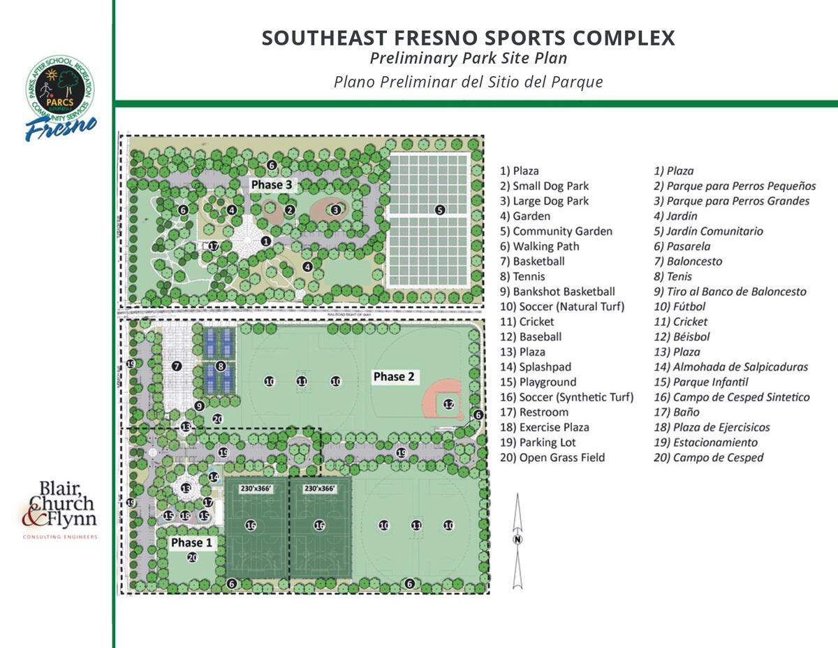 A rendering of the plans for the Southeast Fresno Sports Complex and its planned amenities.