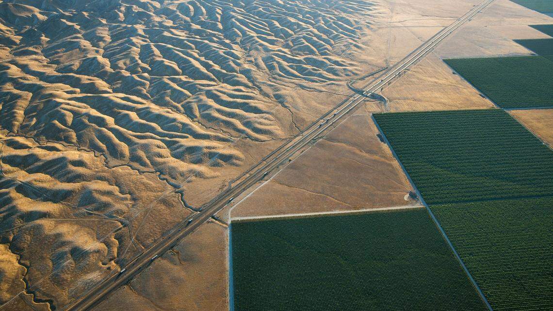 Irrigated fields in the Westlands Water District border Interstate 5 west of Tranquillity in 2015.