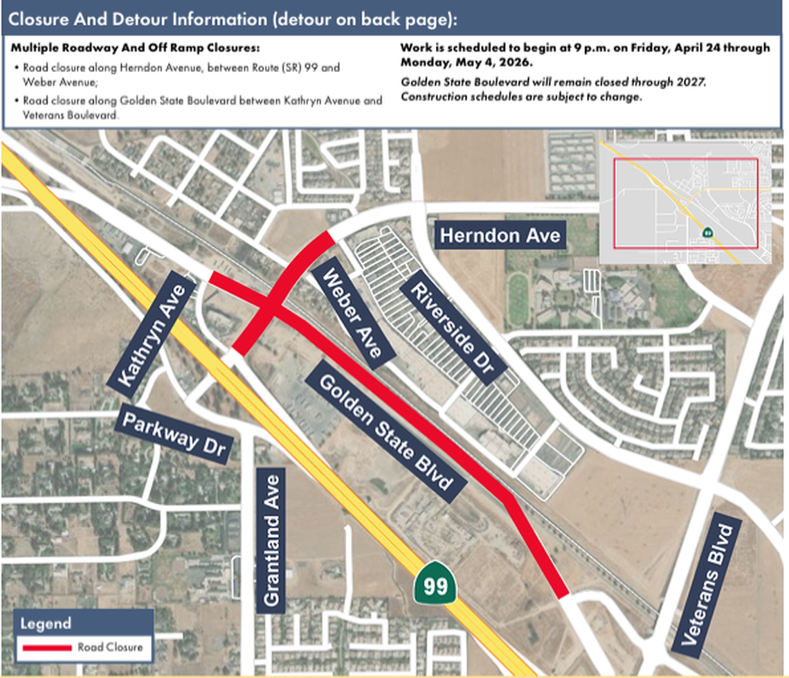 A construction alert from the California High-Speed Rail Authority shows upcoming closures on Herndon Avenue.