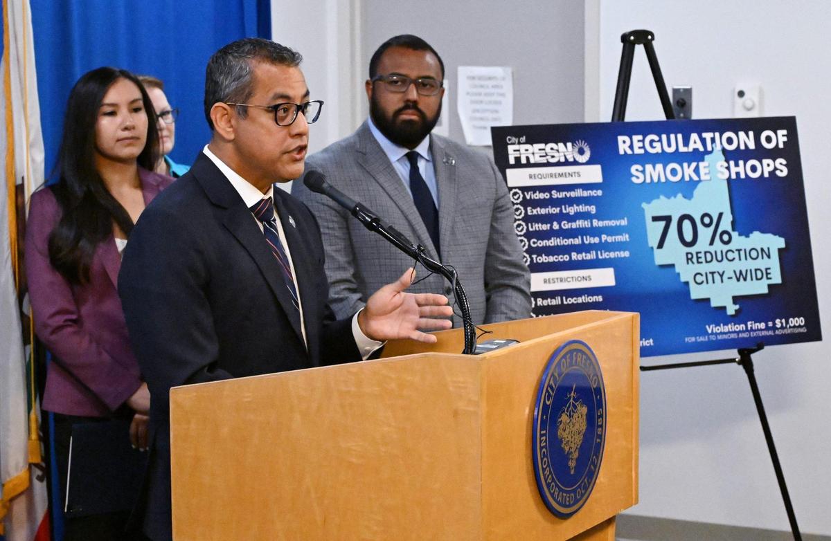 Fresno City Councilmember Miguel Arias, center, with councilmembers Annalisa Perea to the left and Nelson Esparza to the right, announced a proposed ordinance that would tighten regulations around smoke shop businesses during a press conference Tuesday, Oct. 17, 2023 in Fresno.