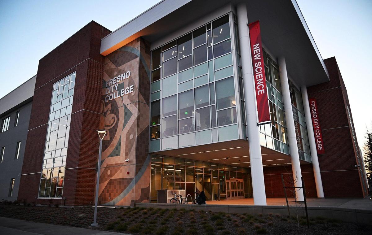 Fresno City College’s new Science Building is seen illuminated at twight Tuesday, Jan. 14, 2025 in Fresno.