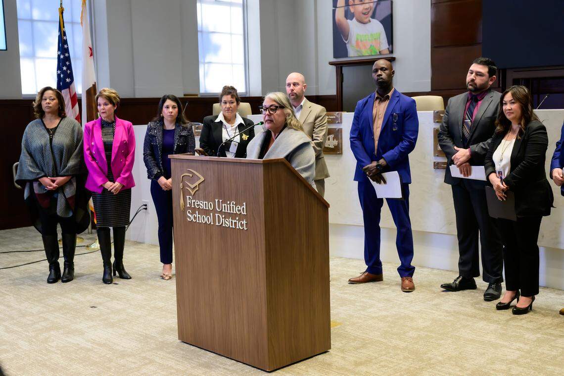 Veva Islas, Fresno Unified’s board president, called on Community Health System to restore services to district retirees on a Jan. 12, 2026 press conference.