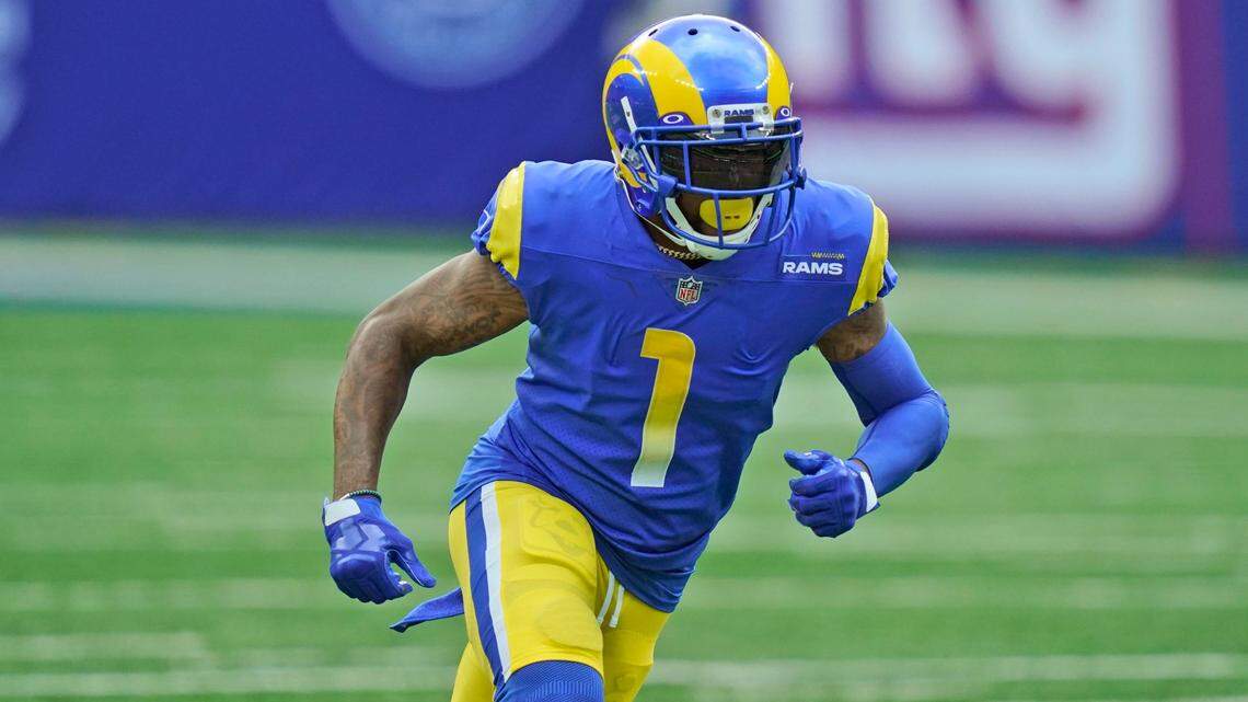 Los Angeles Rams’ DeSean Jackson during the first half of an NFL football game against the New York Giants, Sunday, Oct. 17, 2021, in East Rutherford, N.J.