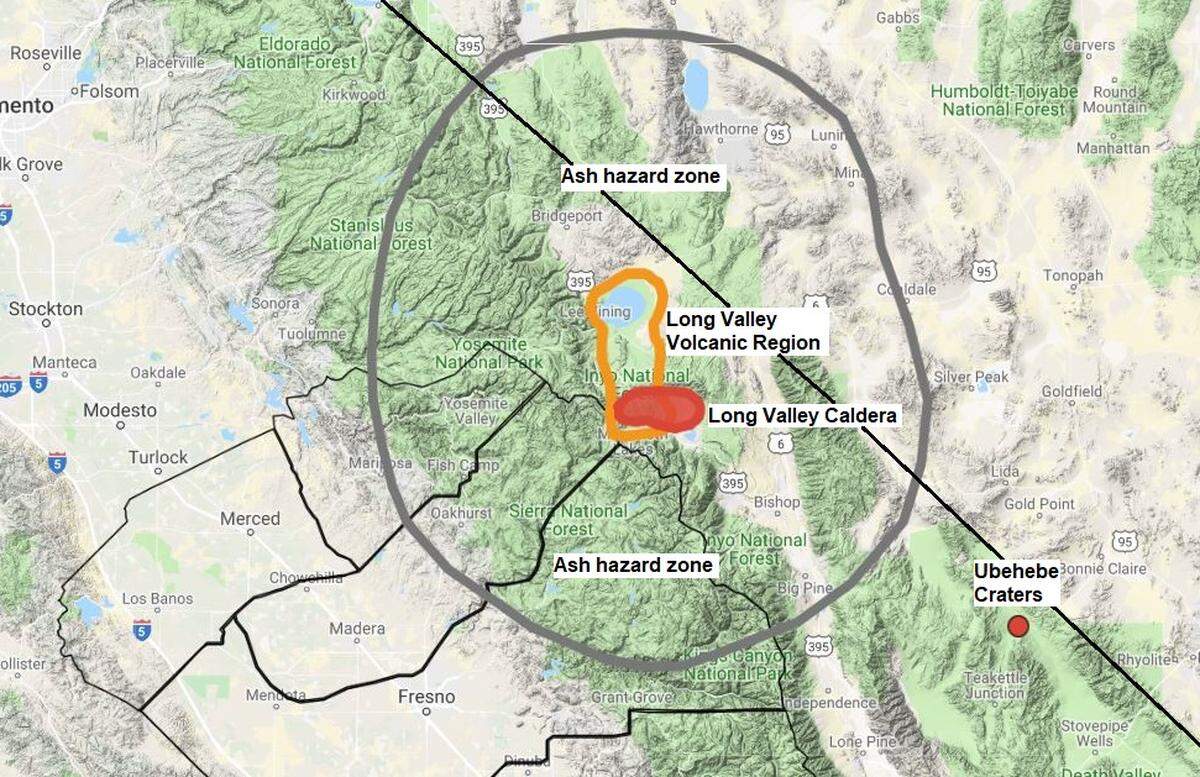 The Long Valley Caldera, highlighted in red, and the Long Valley Volcanic Region including Mono Lake and Mammoth Mountain east of Fresno and Madera counties is the hub of a large area that could experience an ashfall of two inches or more if the volcano were to erupt.
