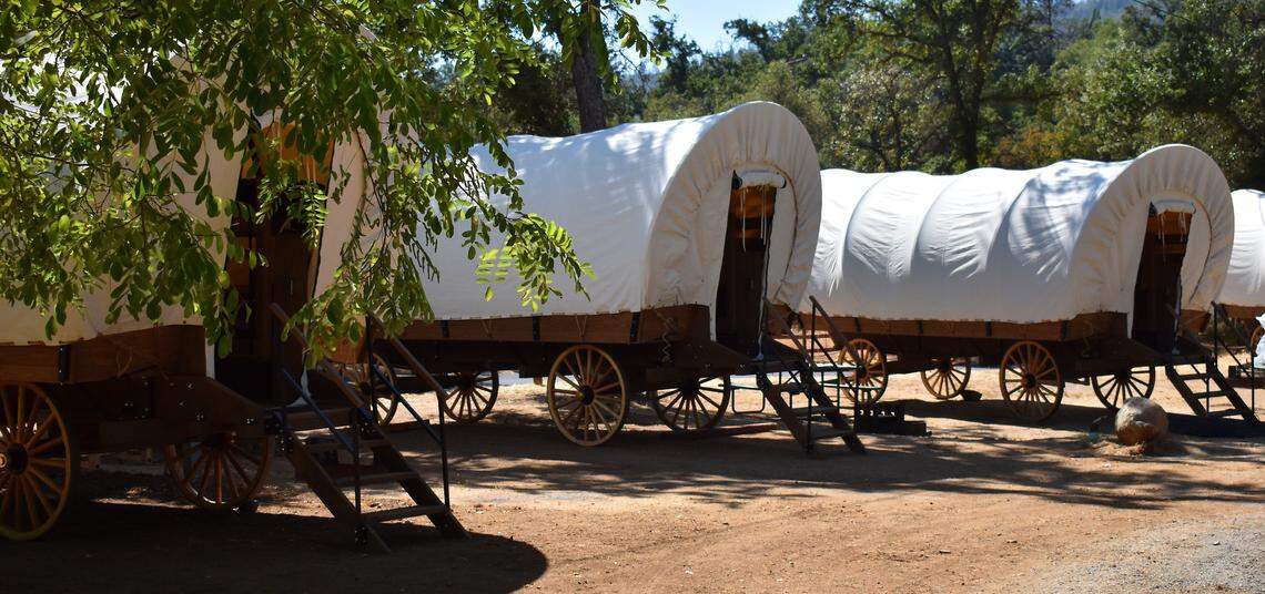 Covered wagons available for rent at Yosemite Pines RV Resort and Family Lodging in Groveland near Yosemite National Park.