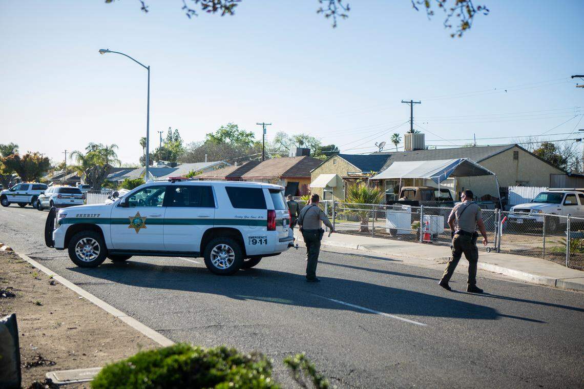 Fresno County Sheriff’s deputies were surveying the scene and canvassing the area of a suspected gang-related shooting that left two men hurt in east-central Fresno, California on Sunday, March 28, 2021.