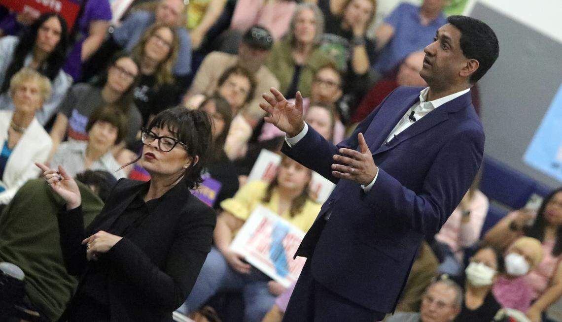 Rep. Ro Khanna, D-Santa Clara, answers a question at the Benefits Over Billionaires town hall at the Martin Luther King Jr. Community Center in Bakersfield on March 23, 2025.