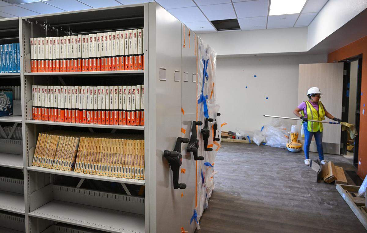 Textbooks have already been added to a new mobile bookshelf system in the library part of the administration building at the Terry P. Bradley Educational Center, on Friday, Aug. 8, 2025 just days before the start of classes on August 18. 