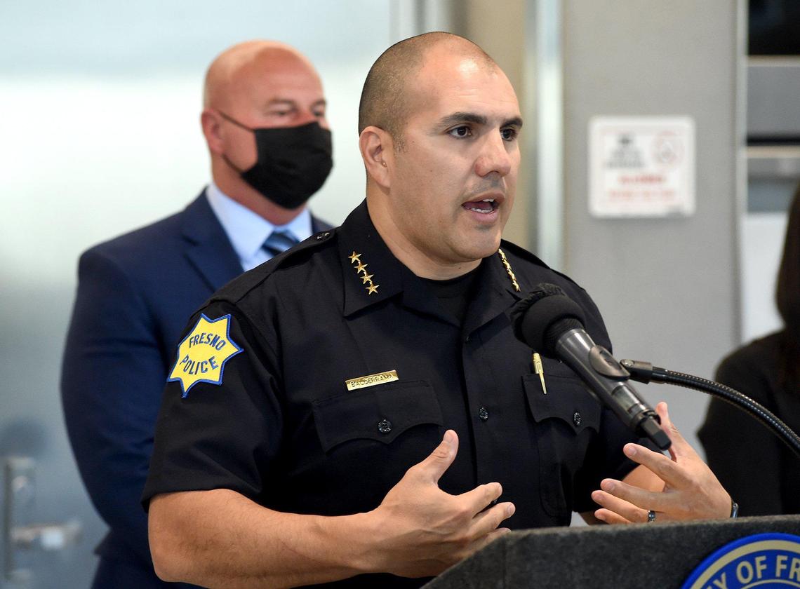Fresno Police Chief Paco Balderama speaks of the senseless Sunday afternoon shooting death of a street vendor in a quiet Fresno neighborhood, during a press conference March 22, 2021.