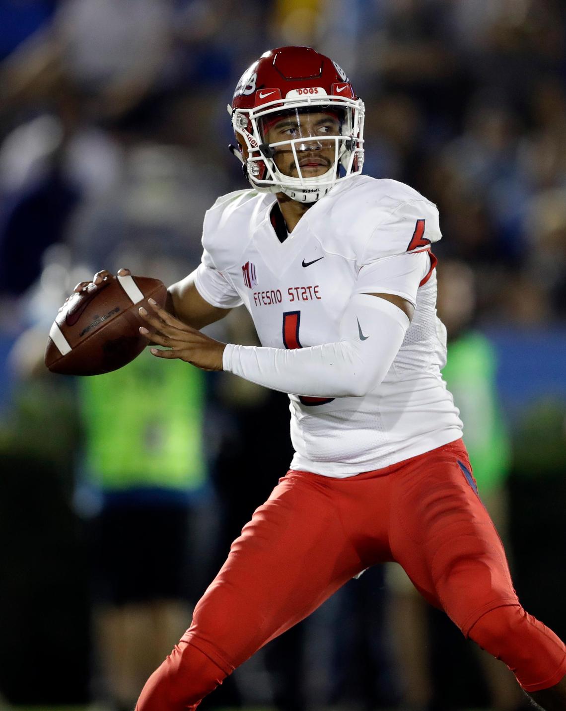 Fresno State quarterback Marcus McMaryion makes a throw against UCLA during the Bulldogs’ 38-14 victory over the Bruins Saturday, Sept. 15, 2018, in Pasadena.