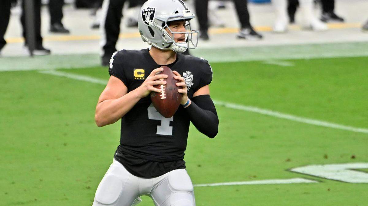 Las Vegas Raiders quarterback Derek Carr (4) looks to pass against the Buffalo Bills during the first half of an NFL football game, Sunday, Oct. 4, 2020, in Las Vegas.