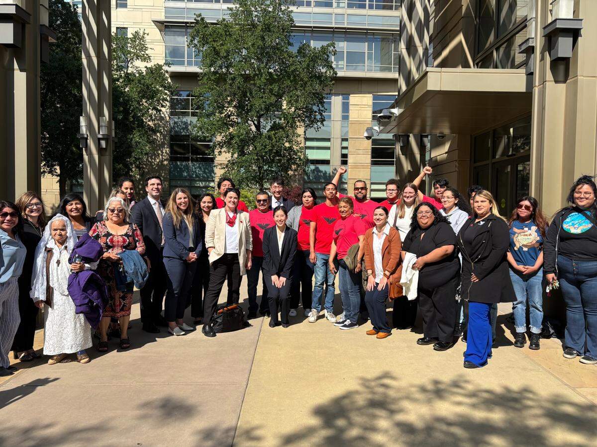 Lawyers&nbsp;for the ACLU, UFW members and immigrant rights supporters pose for a photo after the first hearing for oral arguments in the federal case against the Border Patrol outside of the Robert E. Coyle federal courthouse in downtown Fresno on Monday&nbsp;April 28, 2025.