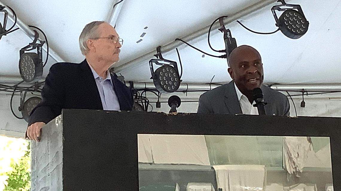 Fresno developer Terance Frazier, right, addresses reporters and supporters at the Granite Park sports complex in east-central Fresno to refute allegations by City Manager Georgeanne White that his Central Valley Community Sports Foundation is in default under its 2015 lease agreement. Joining him was the foundation’s attorney, David Weiland, left, on Friday, Nov. 8, 2024.