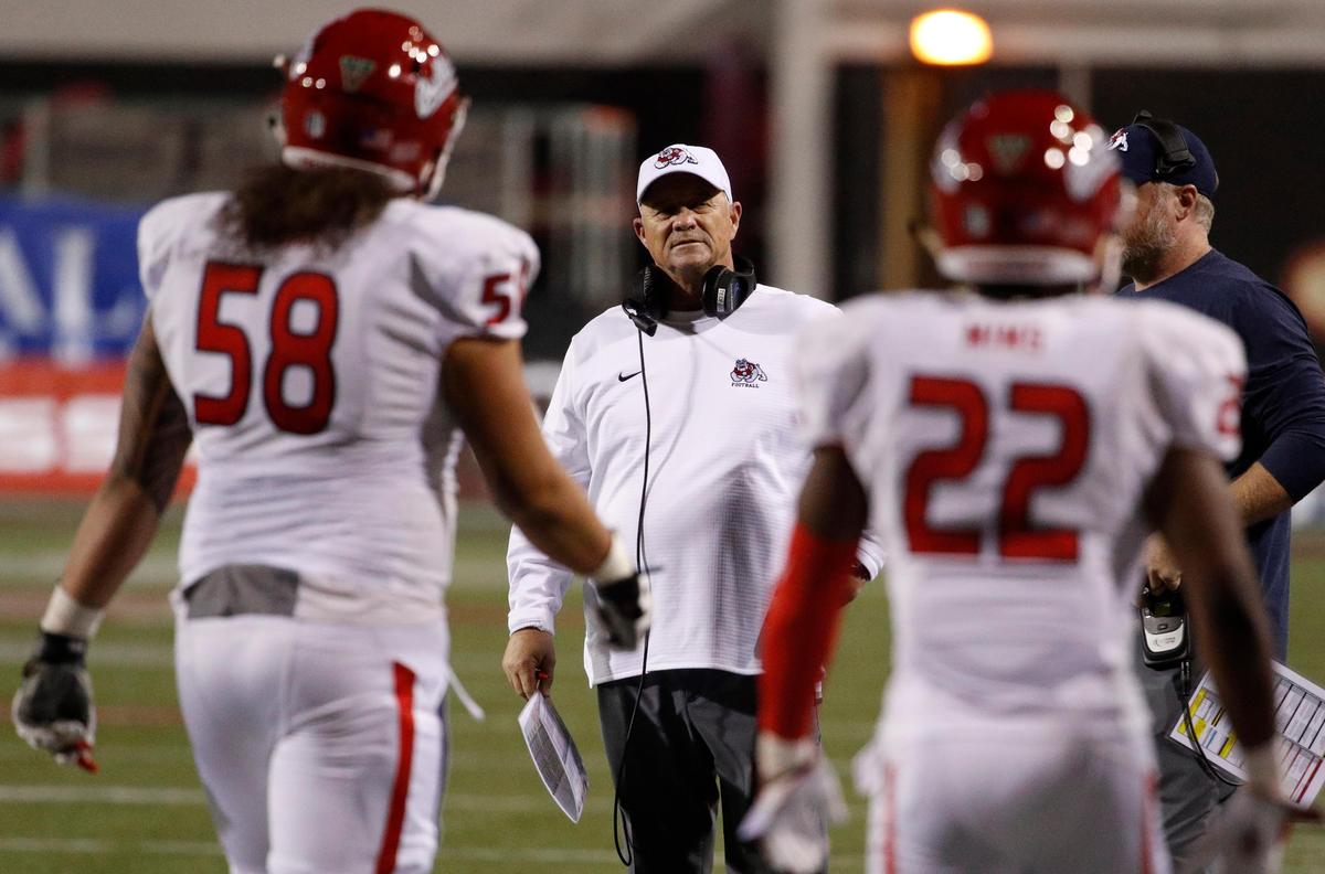 The Fresno State Bulldogs and coach Jeff Tedford play the San Diego State Aztecs at Bulldog Stadium on Saturday, Nov. 17, 2018. The Bulldogs with a victory will clinch a West Division title and a spot in the Mountain West Conference championship game.