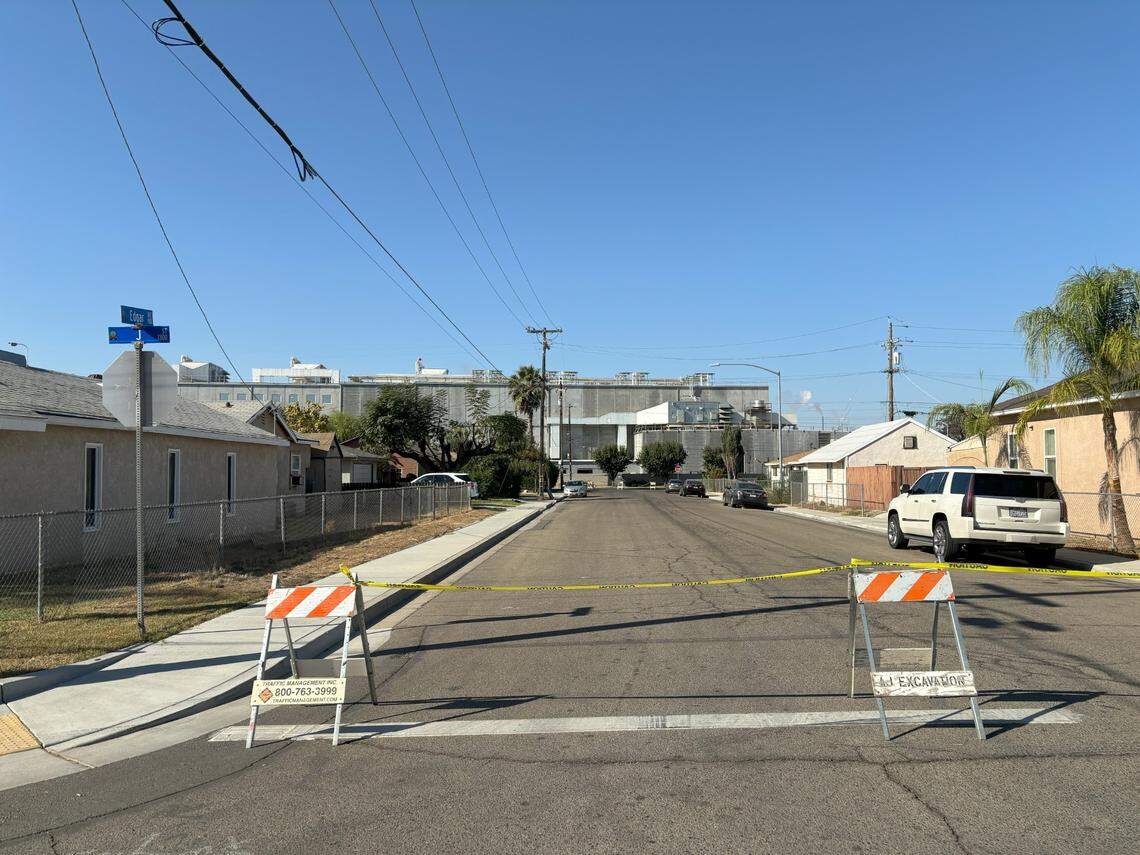 The intersection of J Street and Edgar Avenue in Sanger, California are blocked off following an ammonia leak at Pitman Family Farms poultry plant on Nov. 4, 2024.
