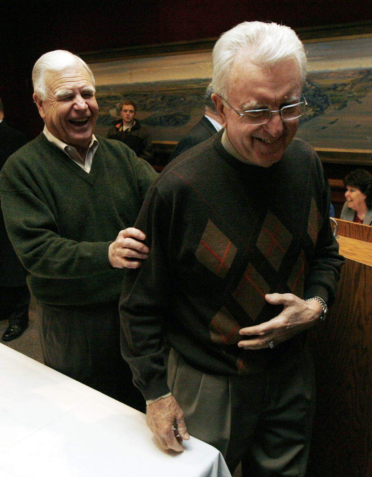 Lou Herwaldt, right, as he was named the recipient of the 2009 Leon S. Peters Award by the Fresno Chamber of Commerce during a surprise gathering and announcement at Fresno’s Downtown Club in January of 2009. Sid Cox, a past recipient of the award, is pictured behind Herwaldt.