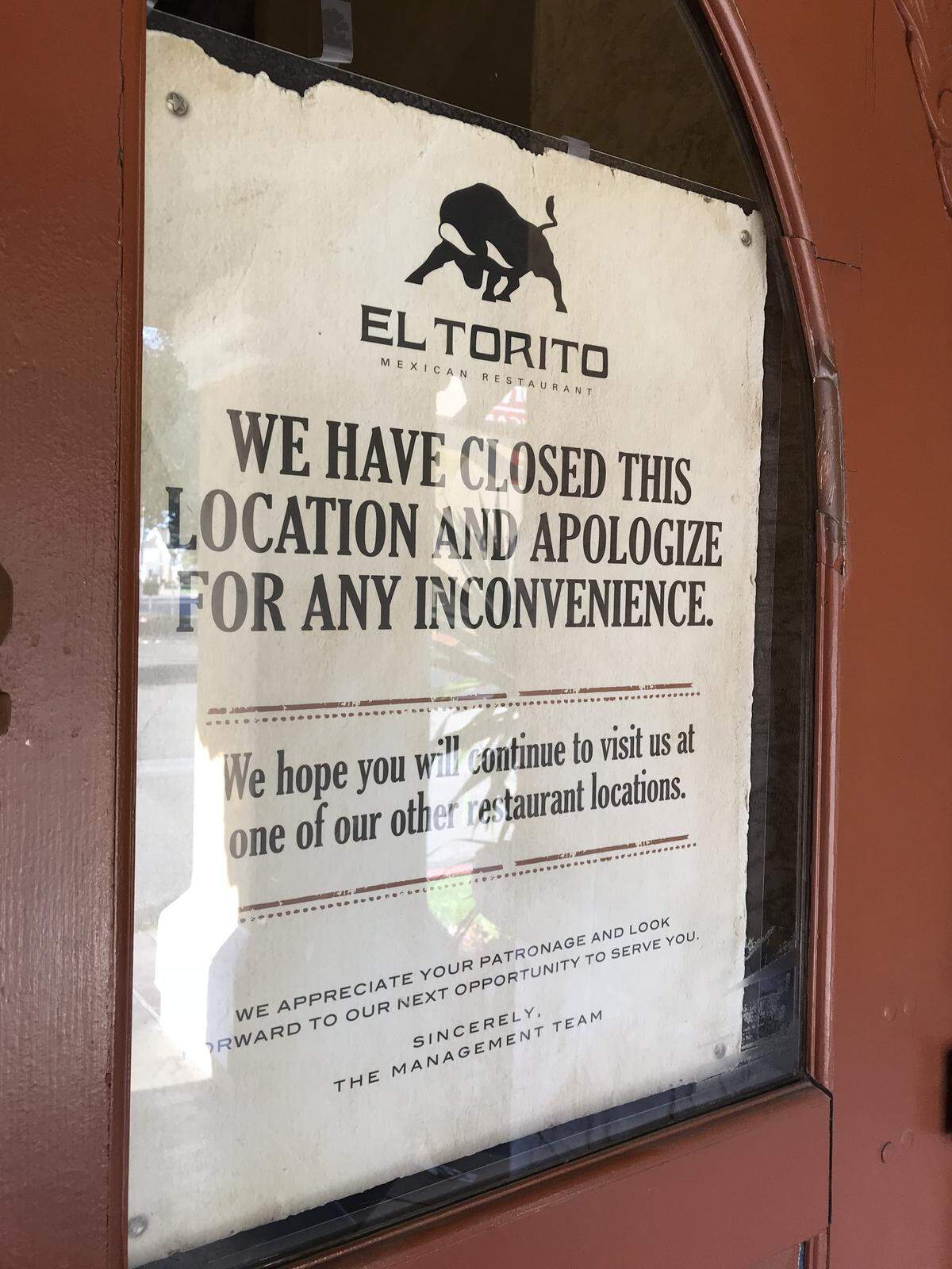 This sign was on the door of the downtown Fresno El Torito restaurant Monday, Oct. 29.