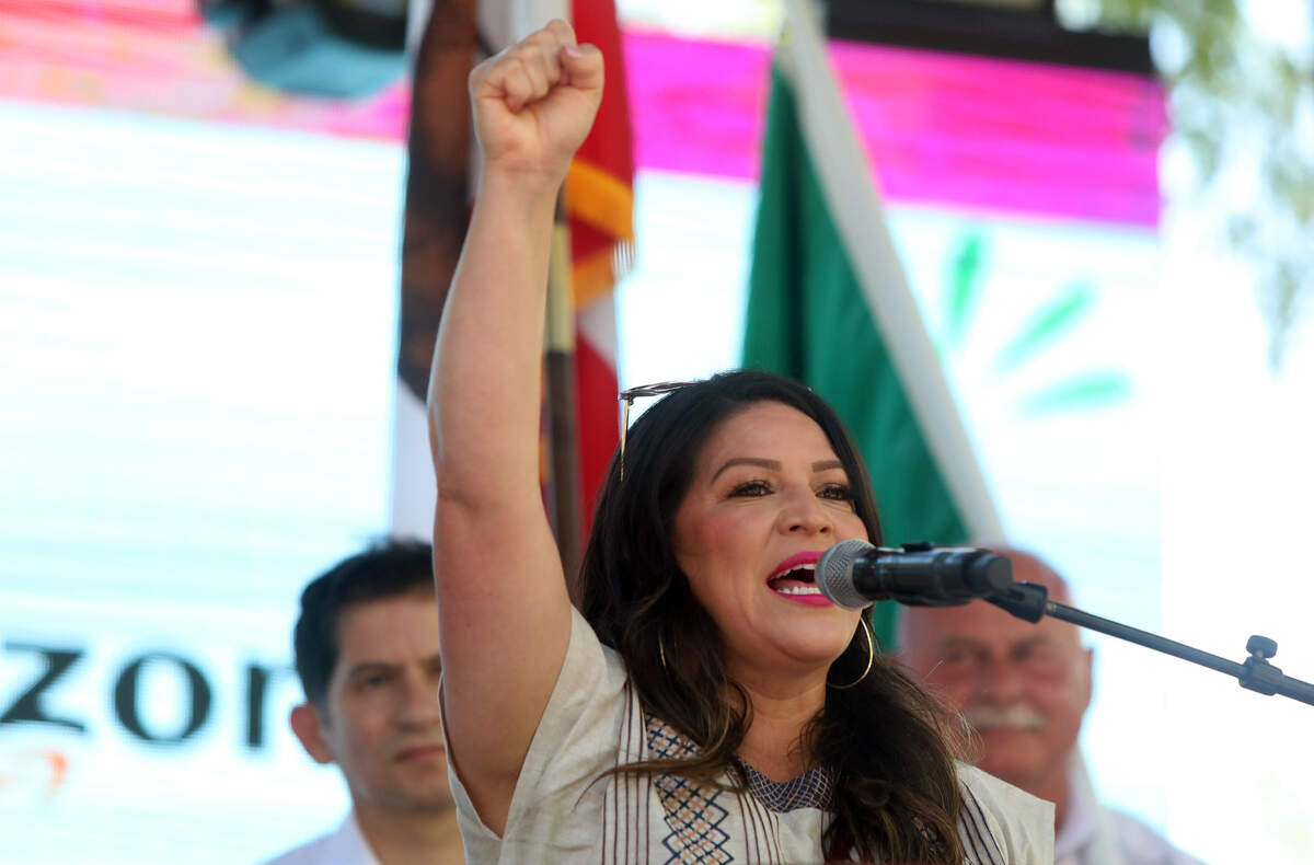 Assenblymember Esmeralda Soria praised the contributions of Latino workers during the Fiestas Patrias celebration in downtown Fresno on Sept. 24, 2023.