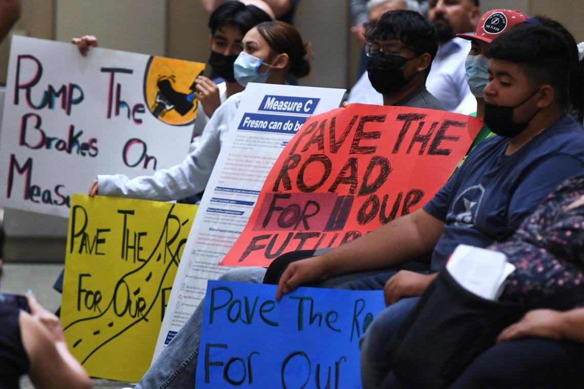 Attendees against the initiative listen as the Fresno Council of Governments (COG) met on Thursday, July 7, 2022, at Fresno City Hall to hear public comments and then vote to put an initiative to renew Measure C on the ballot this fall.