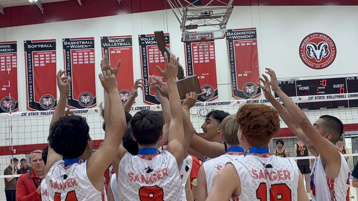 Sanger High hoists the CIF Division II state volleyball championship on Friday, May 29, 2026.