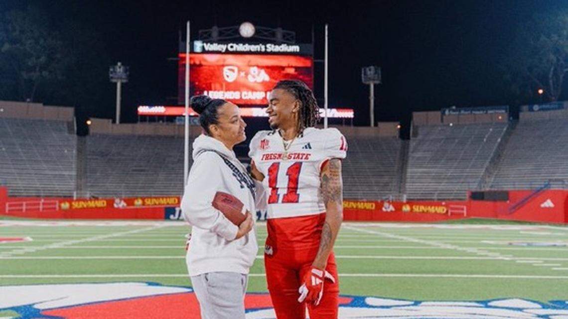 Jayon Farrar, right, with his mom, Patricia Farrar, left, at Valley Children’s Stadium. Farrar committed to Fresno State.