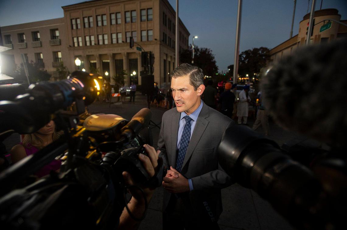 Merced Mayor Matthew Serratto speaks to media prior to a vigil for 8-month-old Aroohi Dheri, her parents Jasleen Kaur, 27, and Jasdeep Singh, 36, and her uncle Amandeep Singh, 39, at Bob Hart Square in Merced, Calif., on Thursday, Oct. 6, 2022. The bodies of the four kidnapping victims were found in a rural area of Merced County north of Dos Palos on Wednesday. Authorities said the family was kidnapped at gunpoint Monday from a Merced County business.
