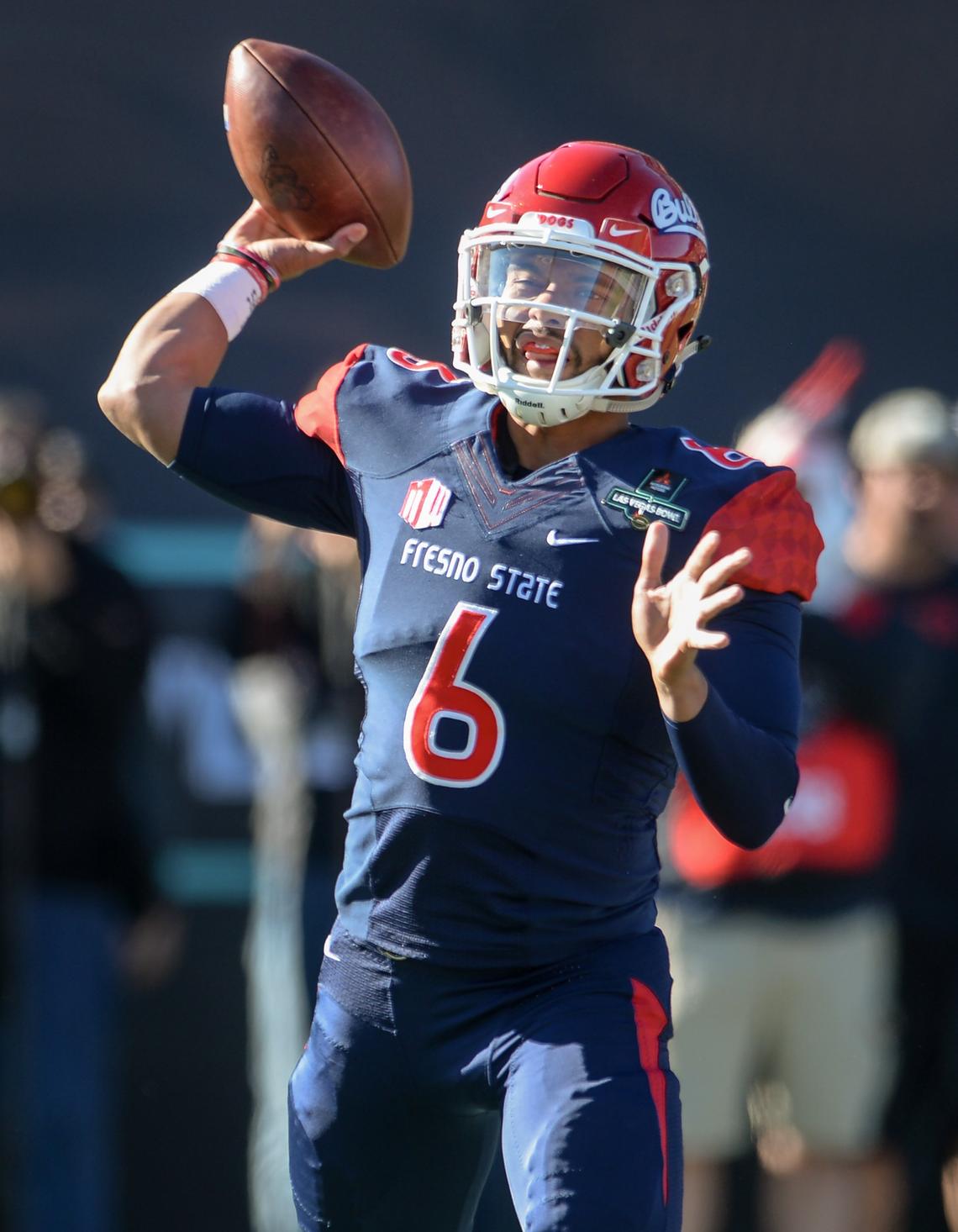 Fresno State quarterback Marcus McMaryion throws to the sideline on a screen play during their victory over Arizona State in the Mitsubishi Las Vegas Bowl at Sam Boyd Stadium in Las Vegas on Saturday, Dec. 15, 2018.
