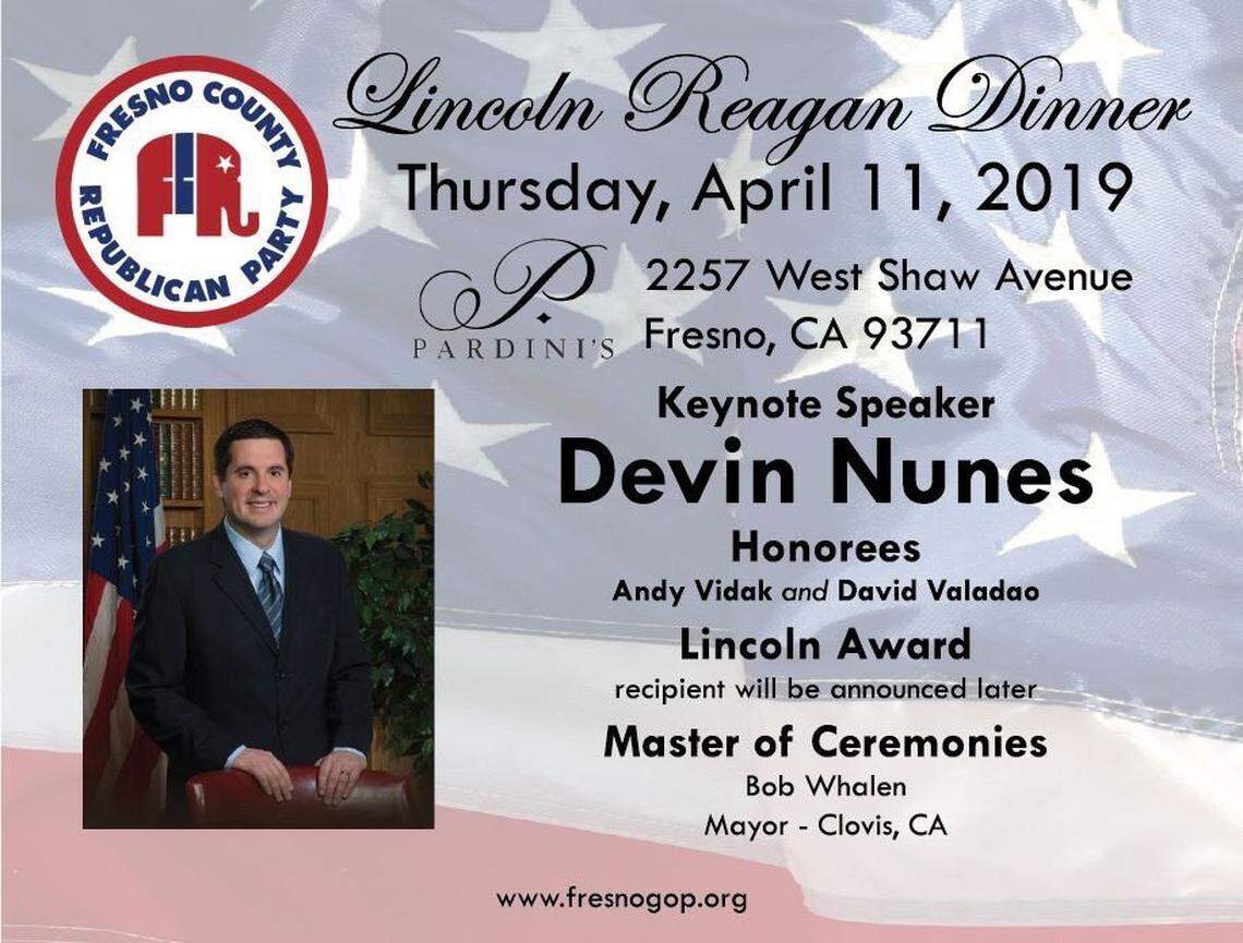 A flier for the Fresno County Republican Party’s 2019 Lincoln Reagan Dinner, which features Rep. Devin Nunes as its keynote speaker. The event is being rescheduled.