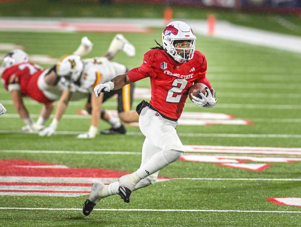 Fresno State’s Rayshon Luke finds room on a run against Wyoming at Valley Children’s Stadium during their game on Saturday, Nov. 16, 2025. 